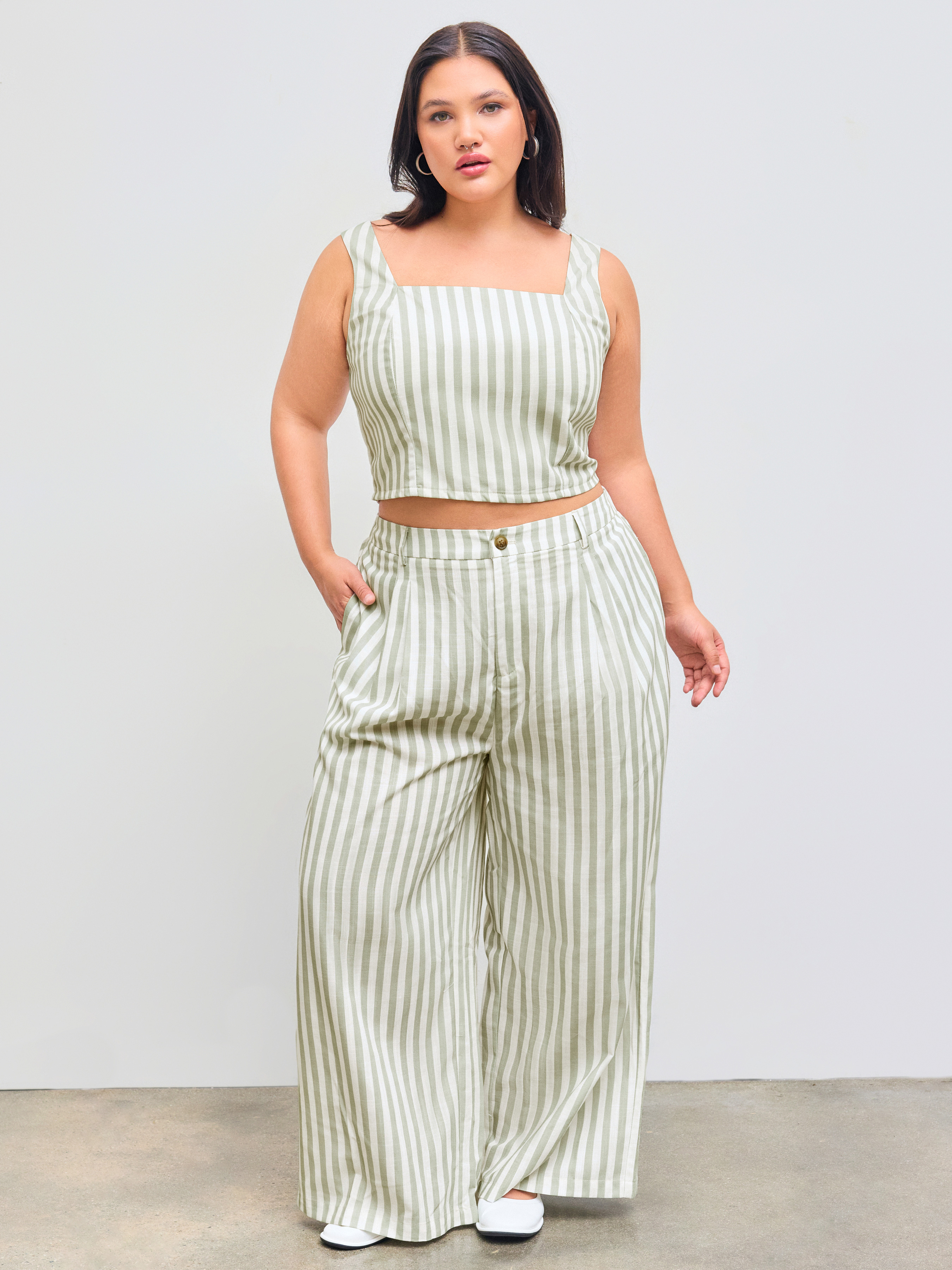 Woven Square Neck Striped Shirred Tank Top Curve & Plus For Work