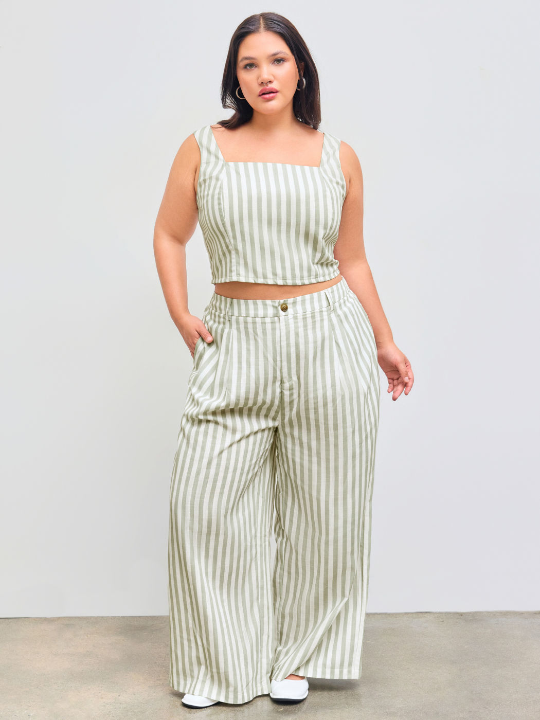 Square Neck Striped Shirred Tank Top Curve & Plus