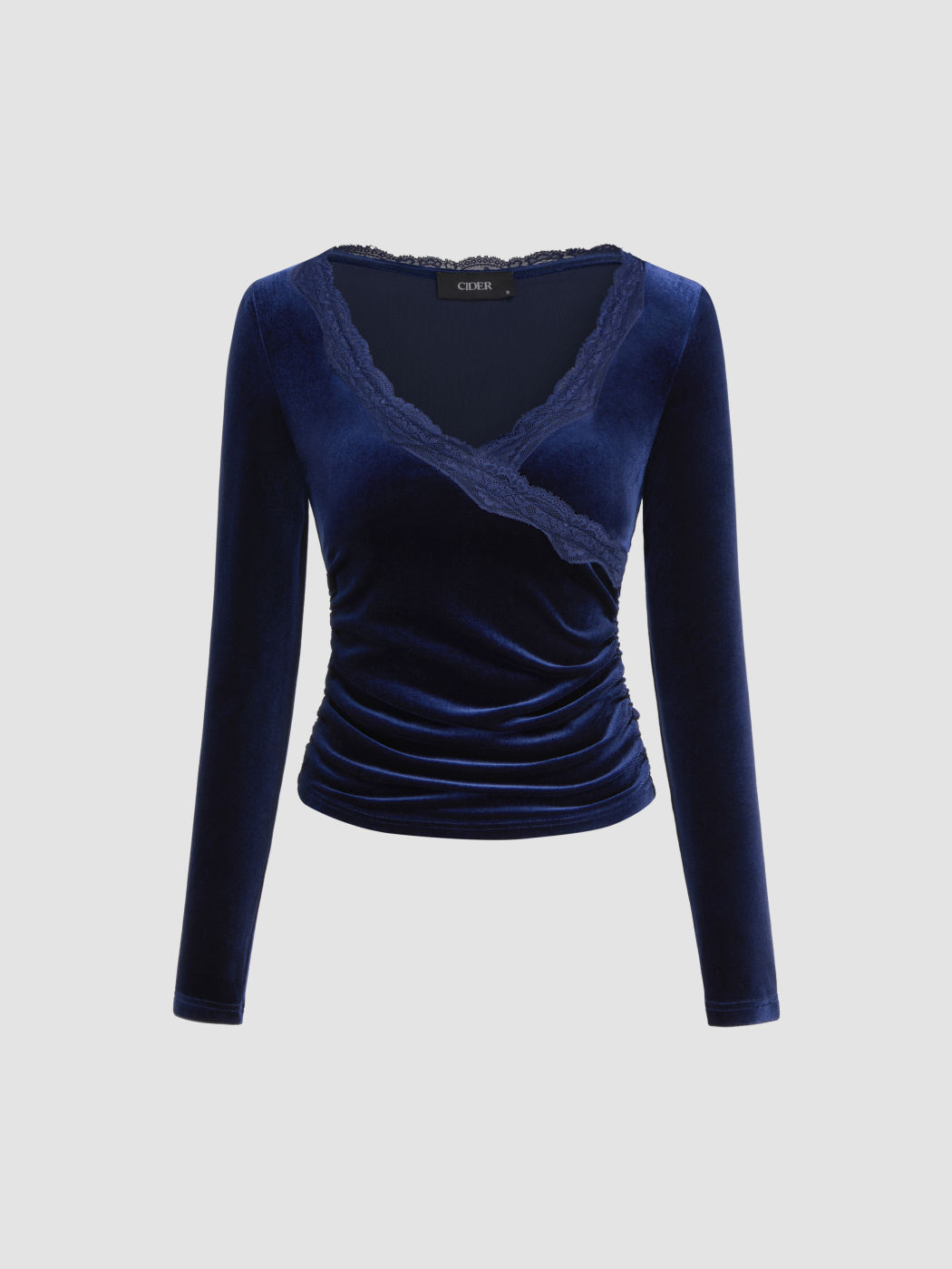 Velvet V-neck Solid Lace Ruched Long Sleeve Top