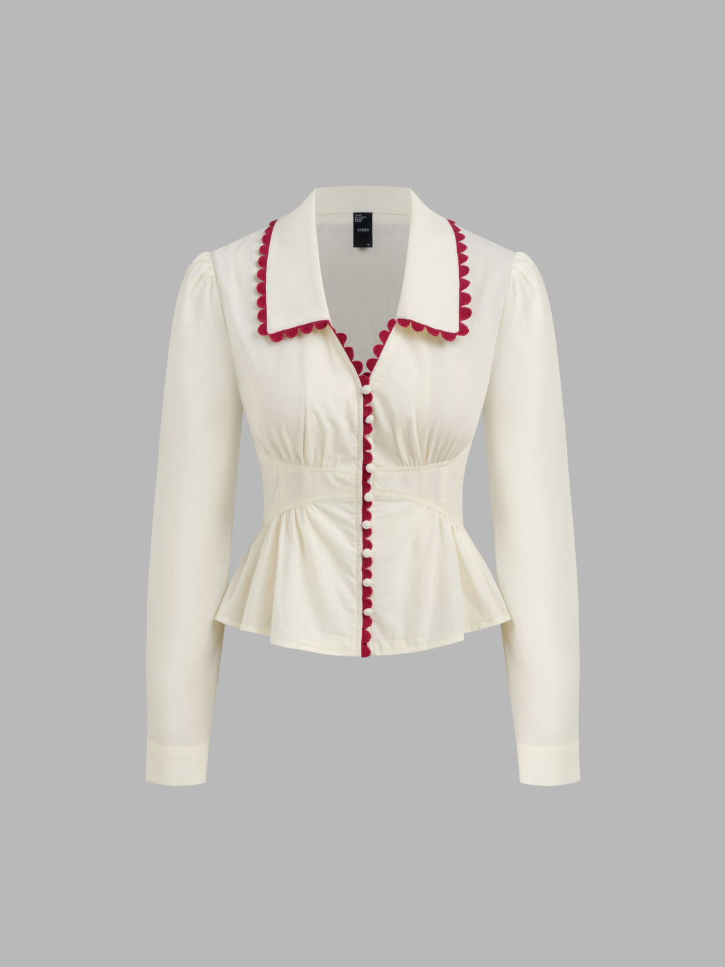 100% Cotton Collar Contrasting Binding Ruffle Long Sleeve Blouse