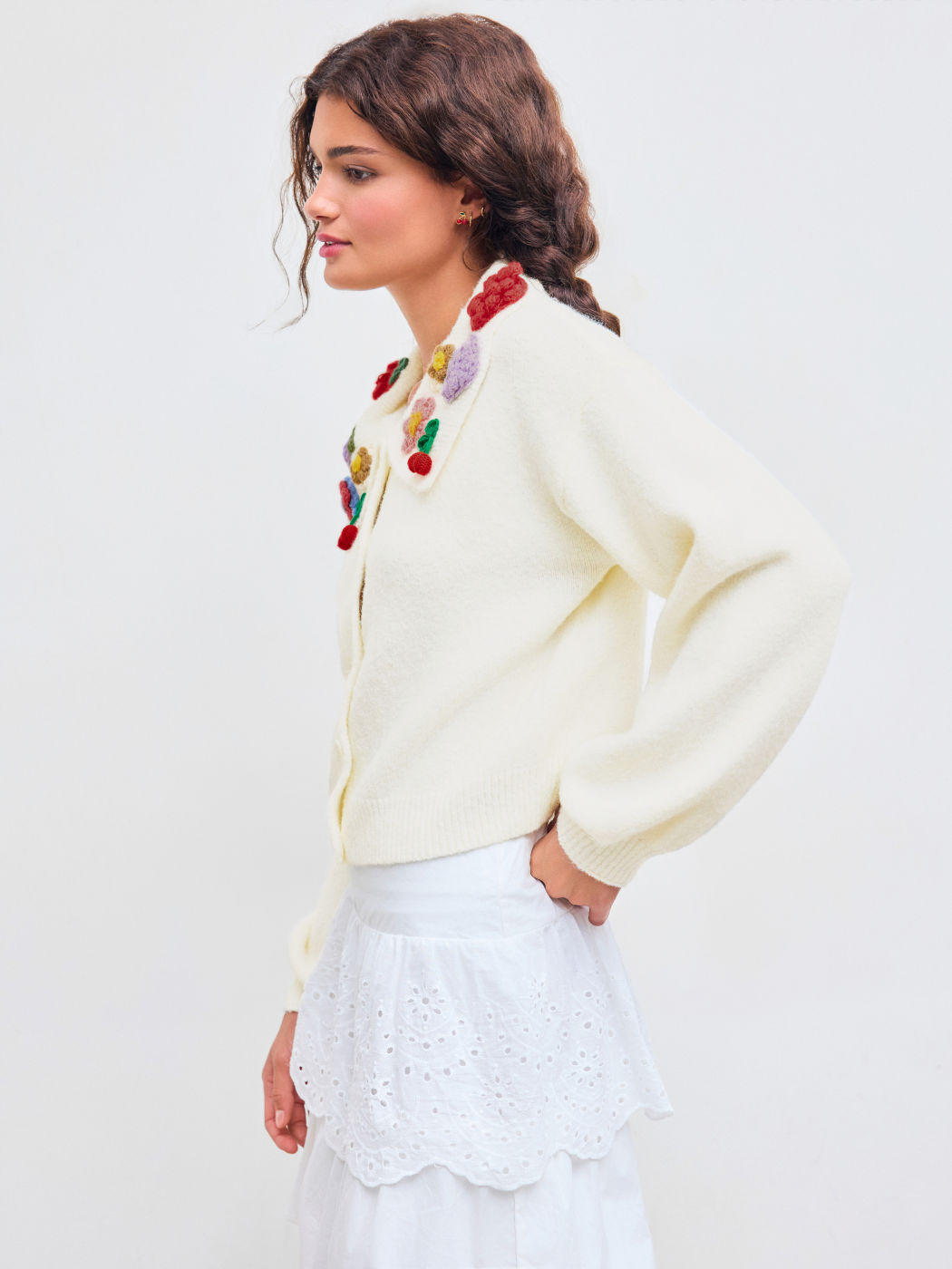 Knit Collar 3D Floral & Fruit Lantern Sleeve Cardigan