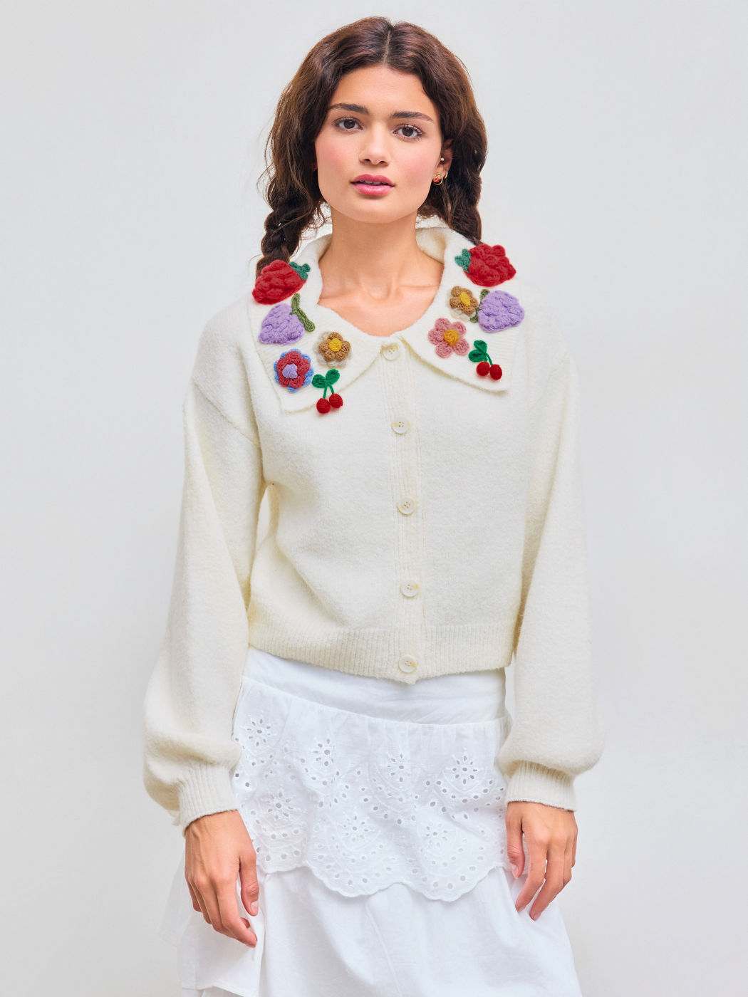 Knit Collar 3D Floral & Fruit Lantern Sleeve Cardigan