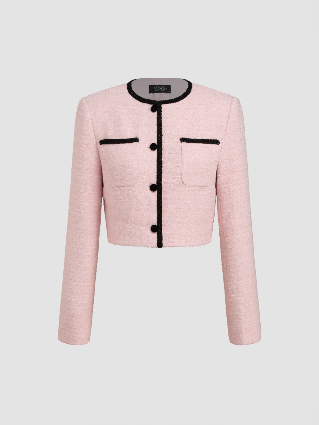 Tweed Round Neckline Contrasting Binding Pocket Button Crop Jacket