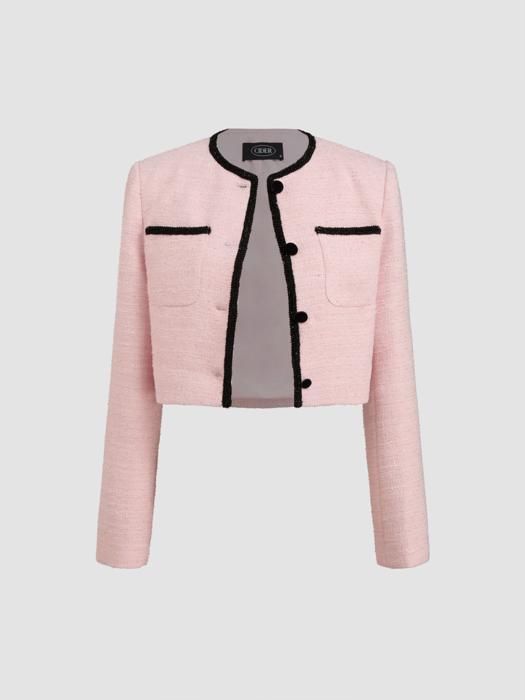 Tweed Rundhals Kontrasttaschen Knopf Crop Jacke