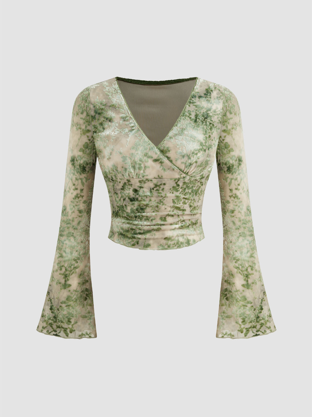 Mesh V-neck Floral Ruched Long Sleeve Top