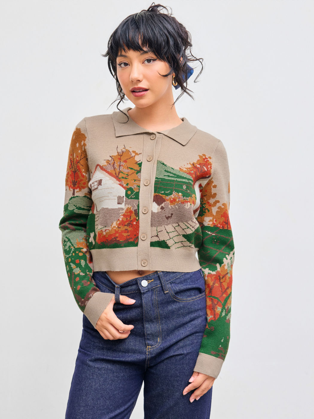 Knit Collar Farm Painting Graphic Button Cardigan