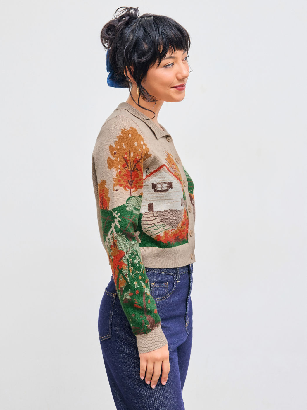 Knit Collar Farm Painting Graphic Button Cardigan