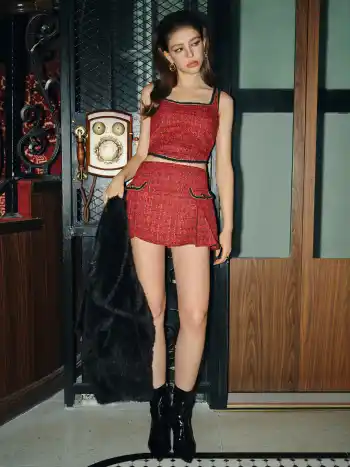Tweed Low Rise Pleated Mini Skirt