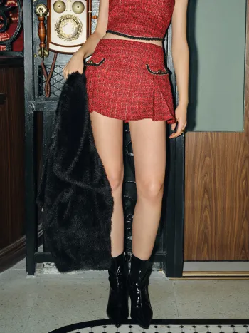 Tweed Low Rise Pleated Mini Skirt
