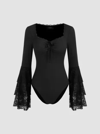 Rib Sweetheart Knotted Lace Layered Sleeve Bodysuit