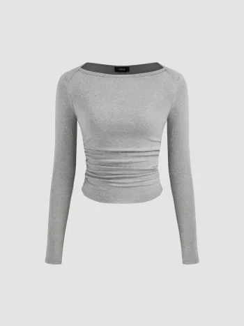 Baumwollmix Bootsausschnitt Solid Rüschen Langarmshirt