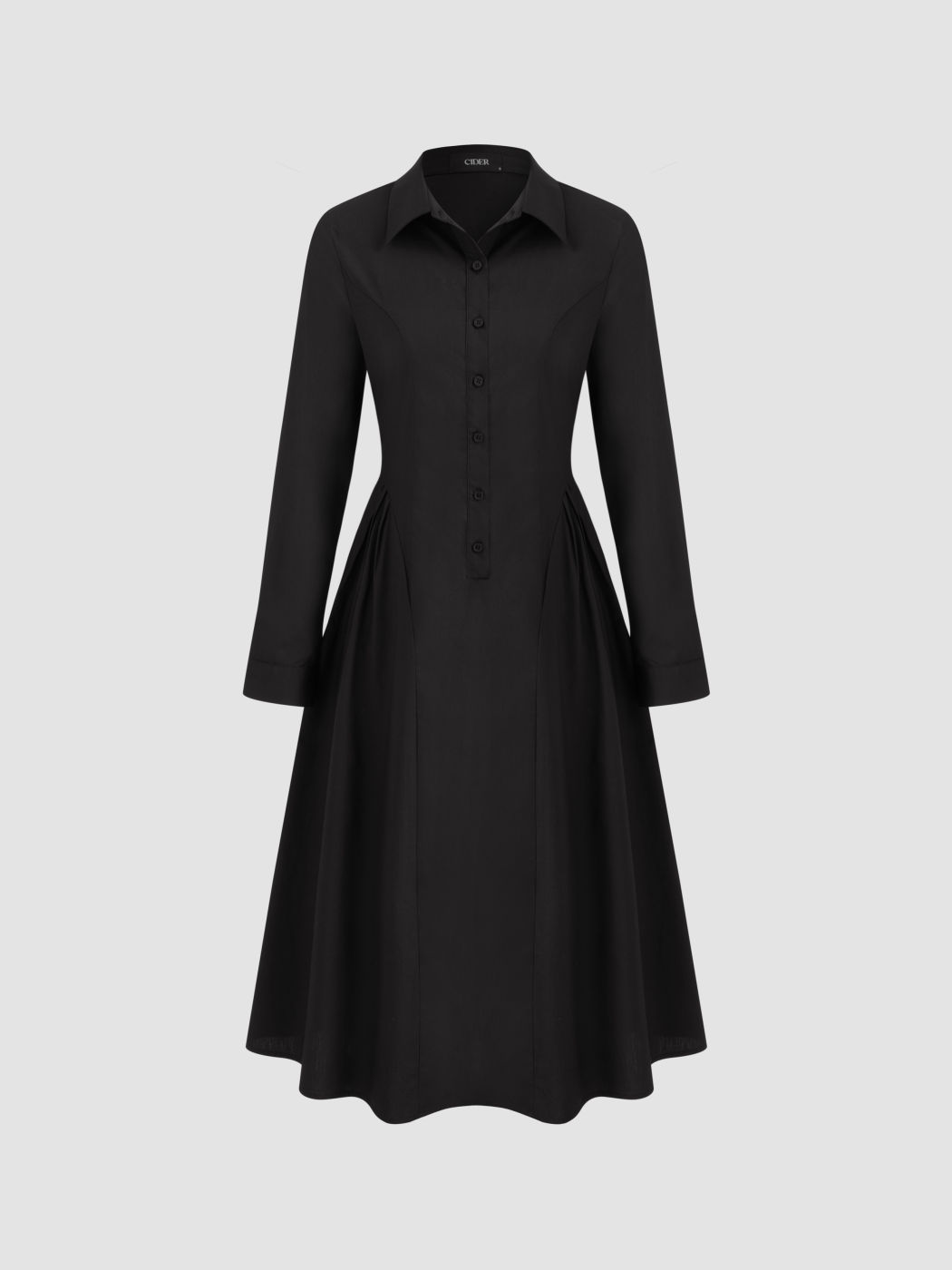 100% Cotton Collar Solid Button Pleated Maxi Shirt Dress