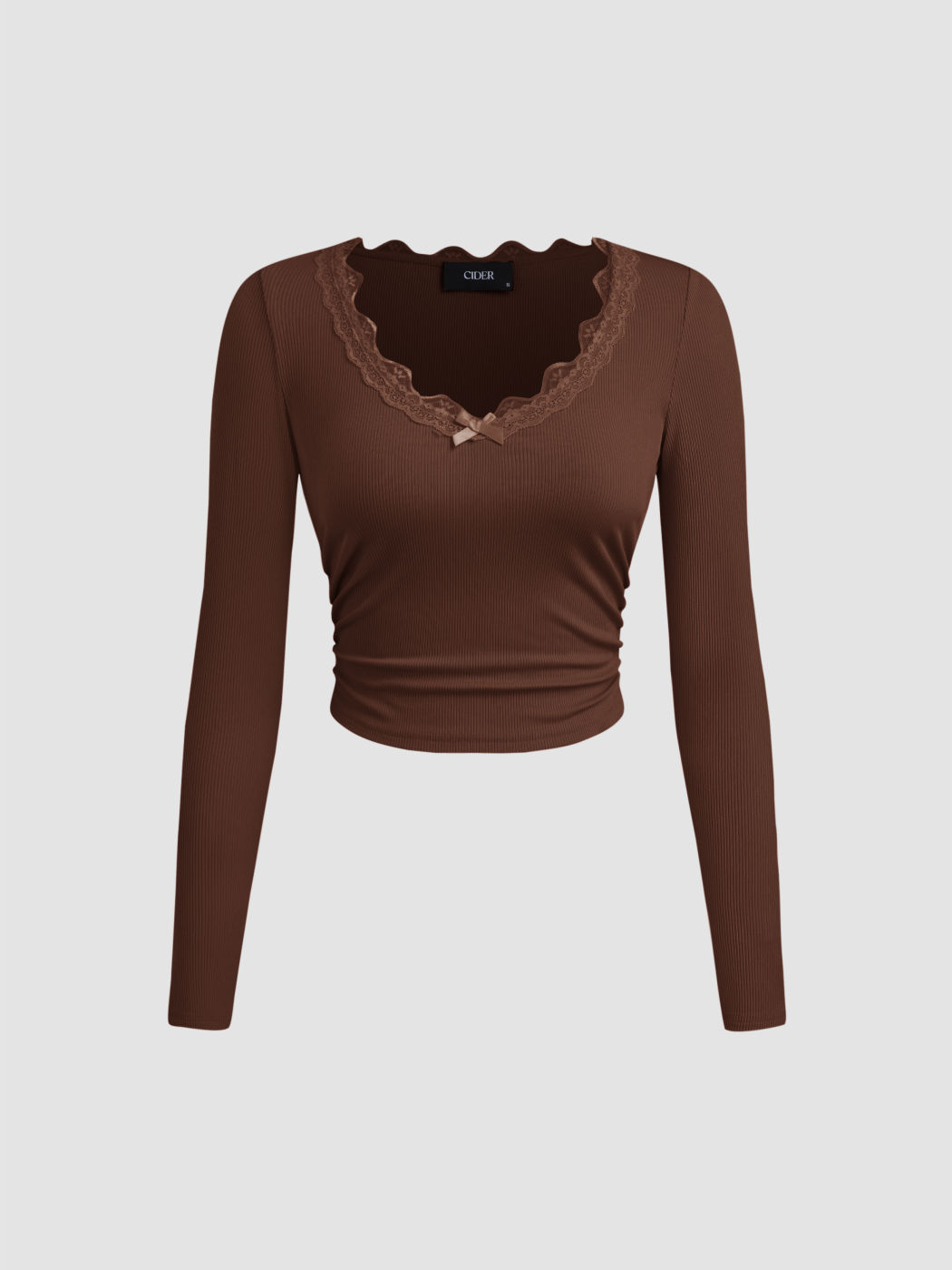V-Ausschnitt Solid Schleifen Spitzen Rüschen Langärmliger Crop Top
