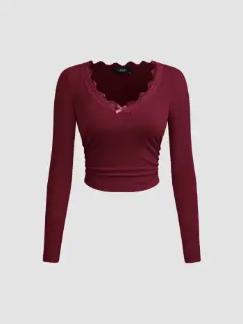 V-Ausschnitt Solid Schleifen Spitzen Rüschen Langärmliger Crop Top