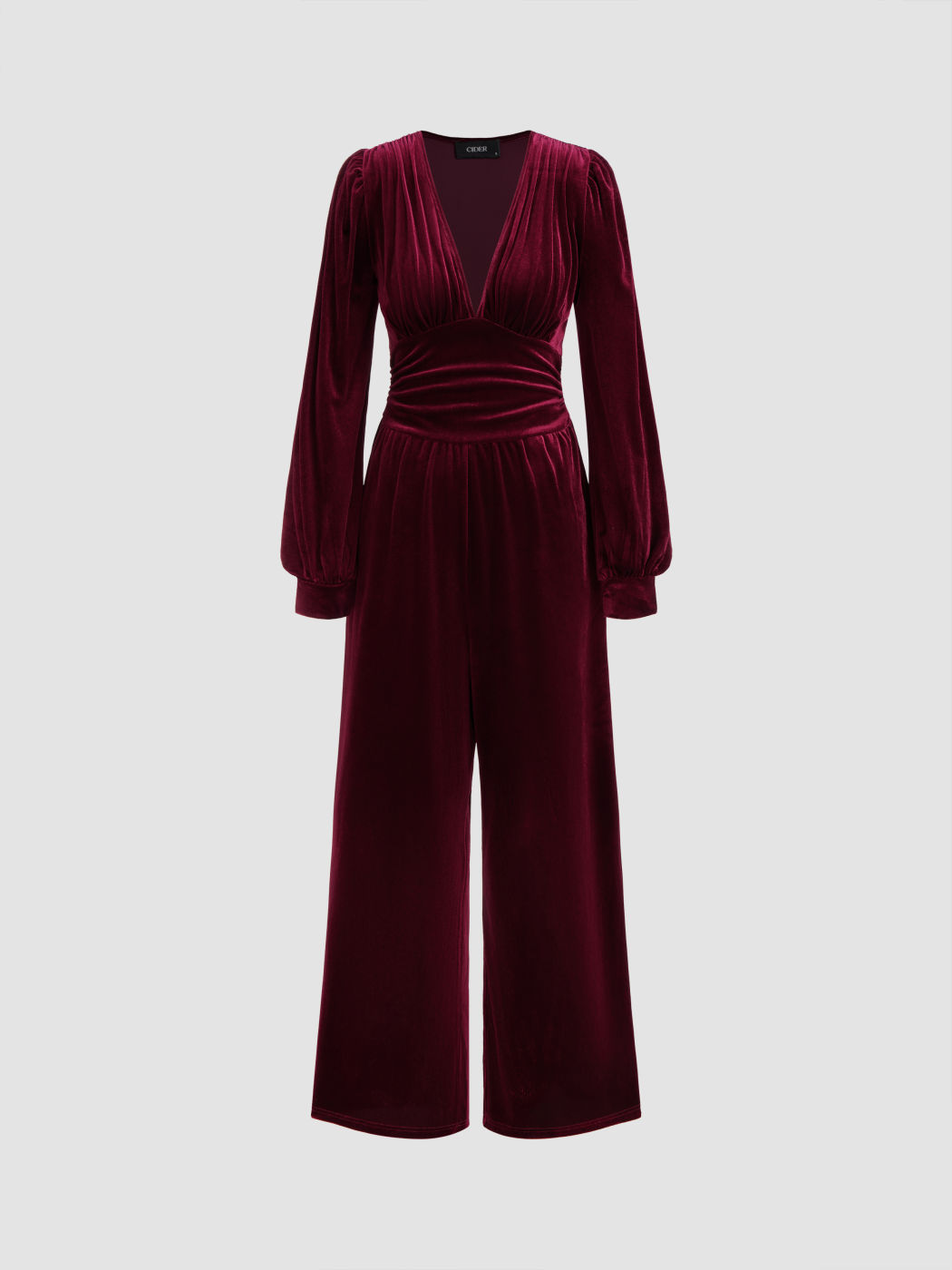 Velvet V-neck Solid Ruched Pocket Wide Leg Jumpsuit