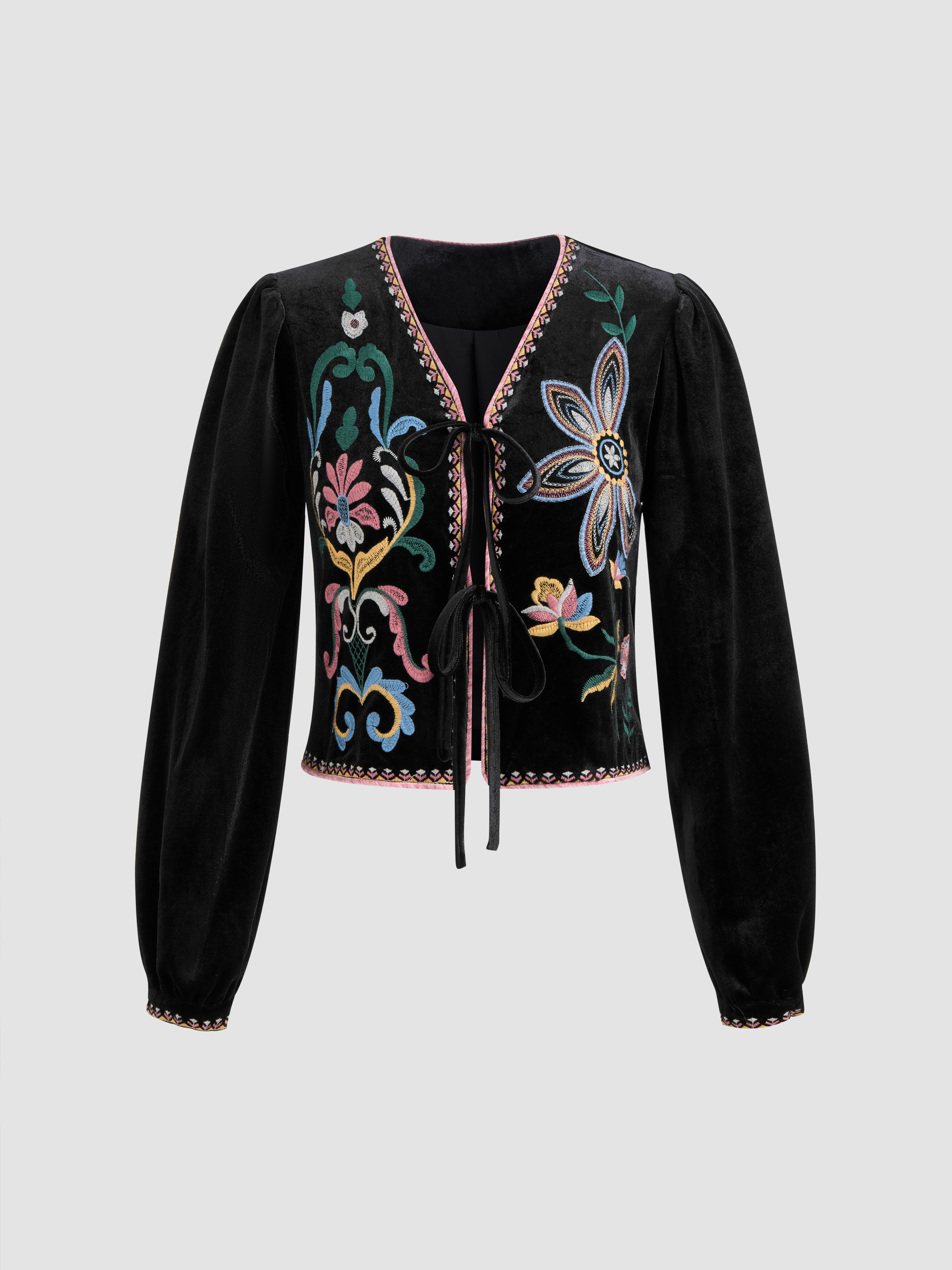 Velvet Velvet V-neck Floral Embroidery Tie Front Jacket For