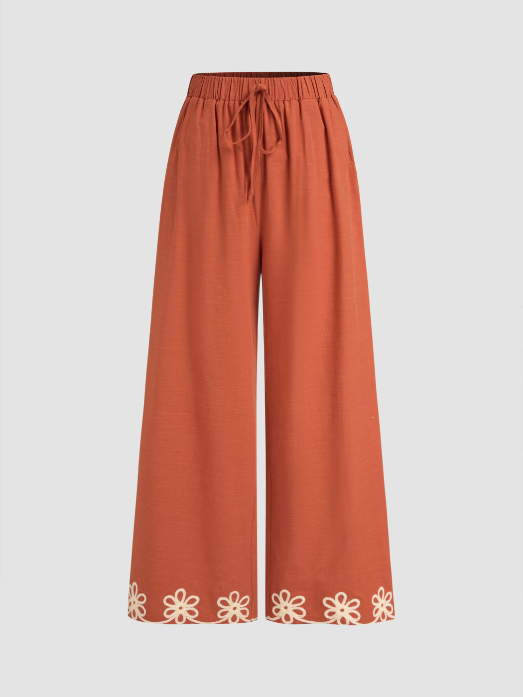 Cotton-blend Mid Rise Floral Elastic Waist Wide Leg Trousers