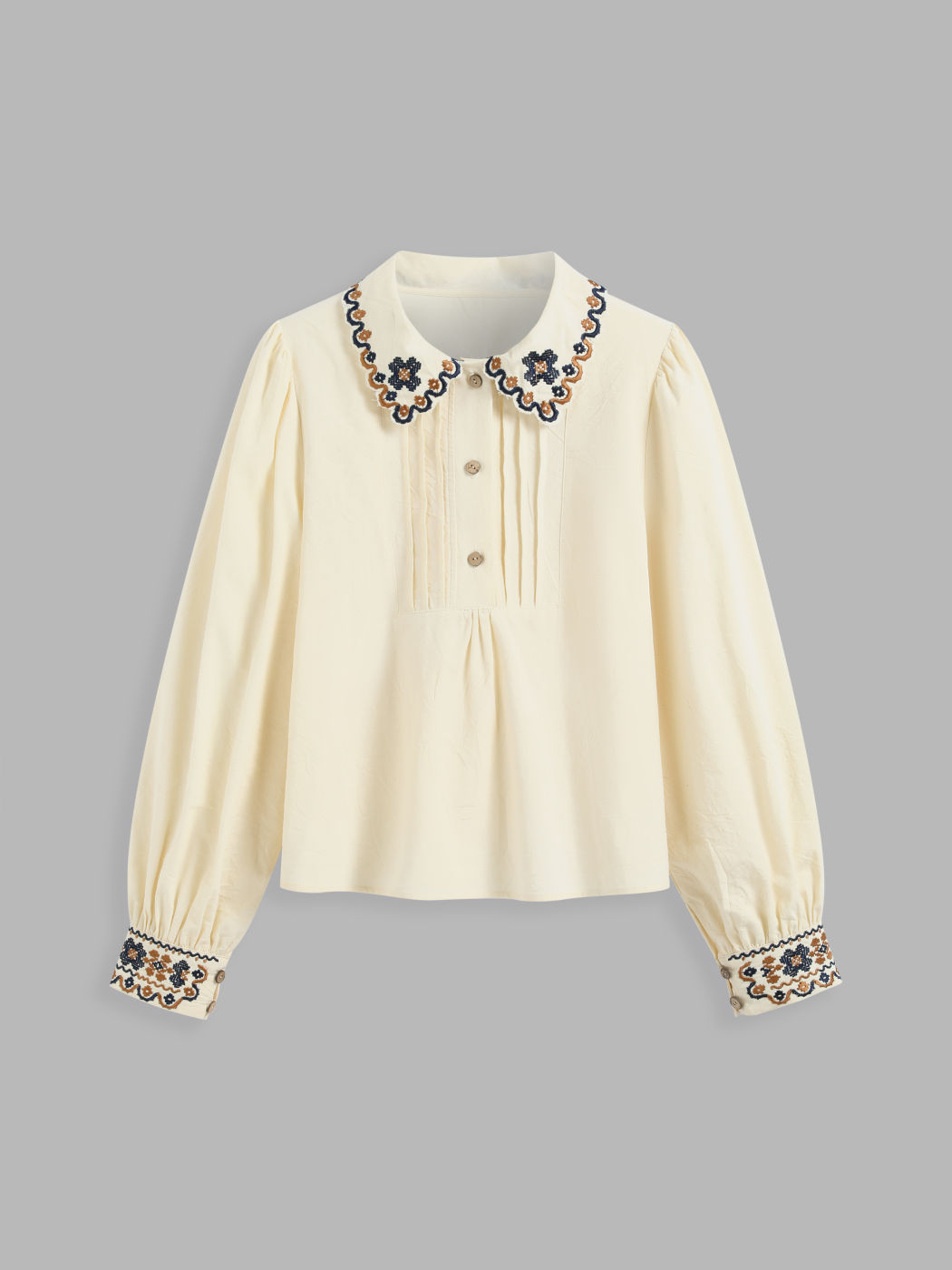 100% Cotton Collar Aztec Button Long Sleeve Blouse