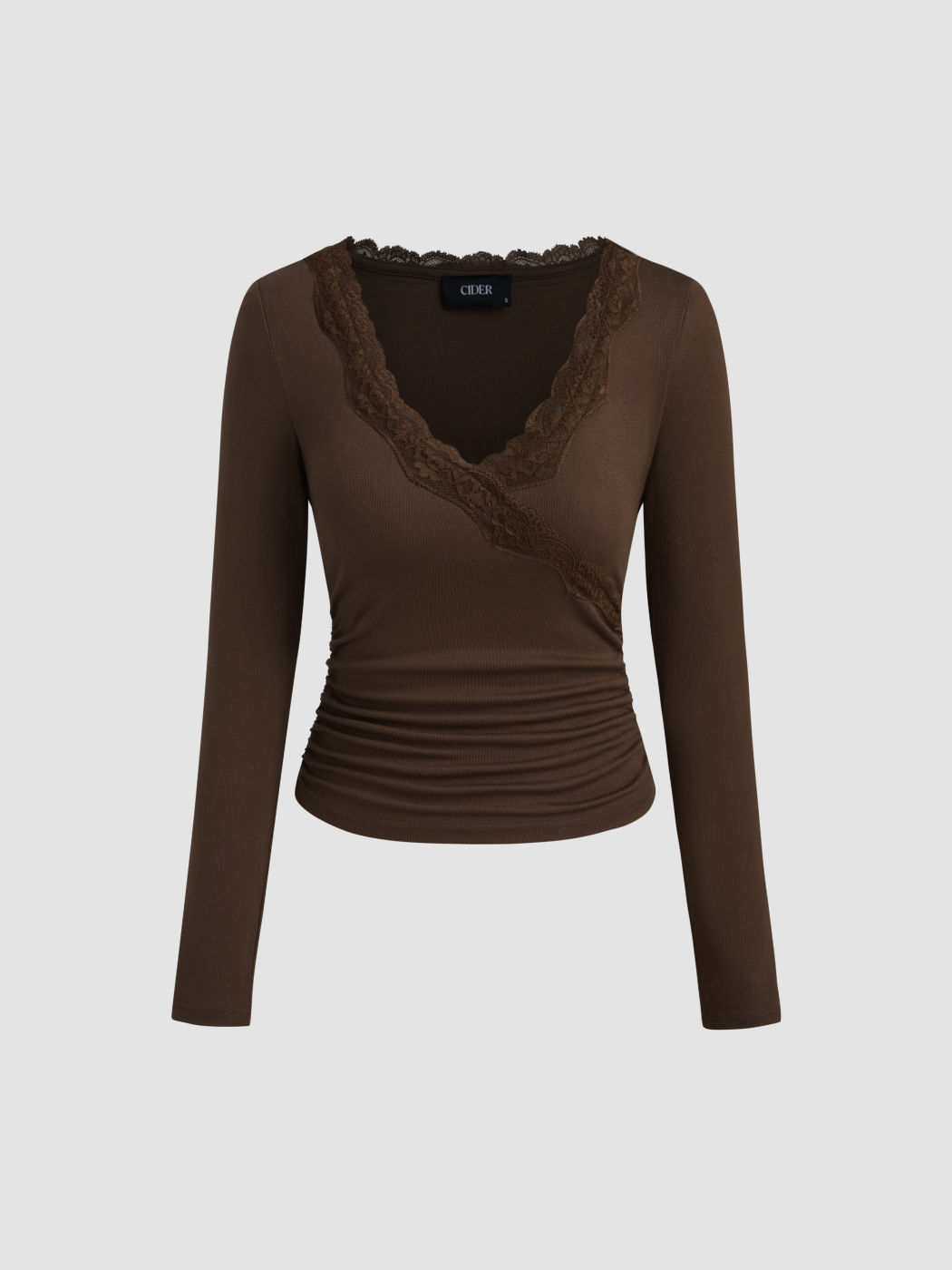 V-neck Solid Lace Trim Ruched Long Sleeve Top