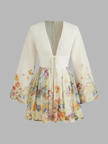 V-Ausschnitt Blumenmuster Knopfloch Rüschen Mini Kleid