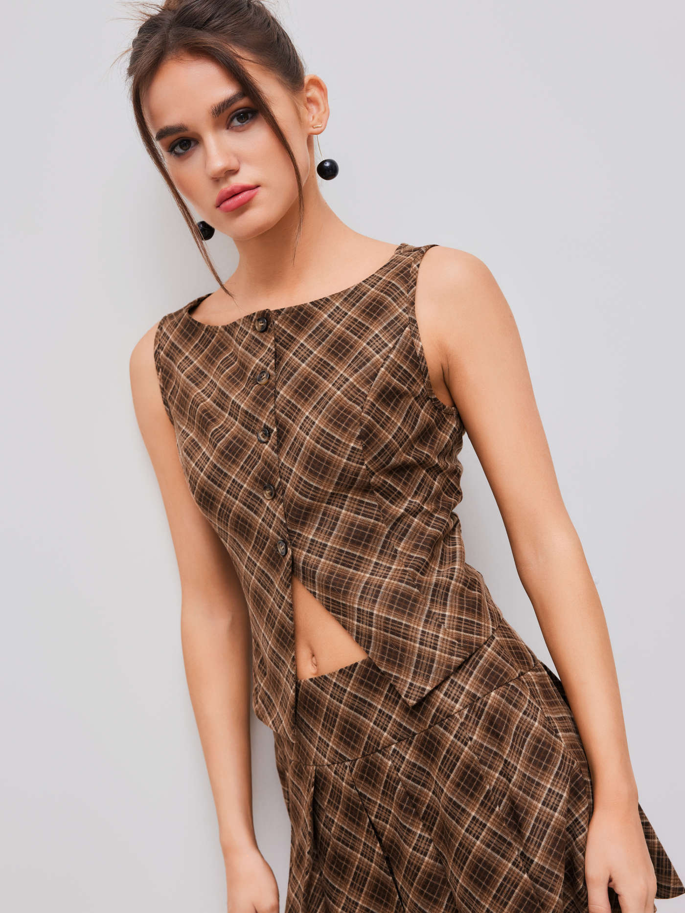 Boat Neck Check Button Tank Top