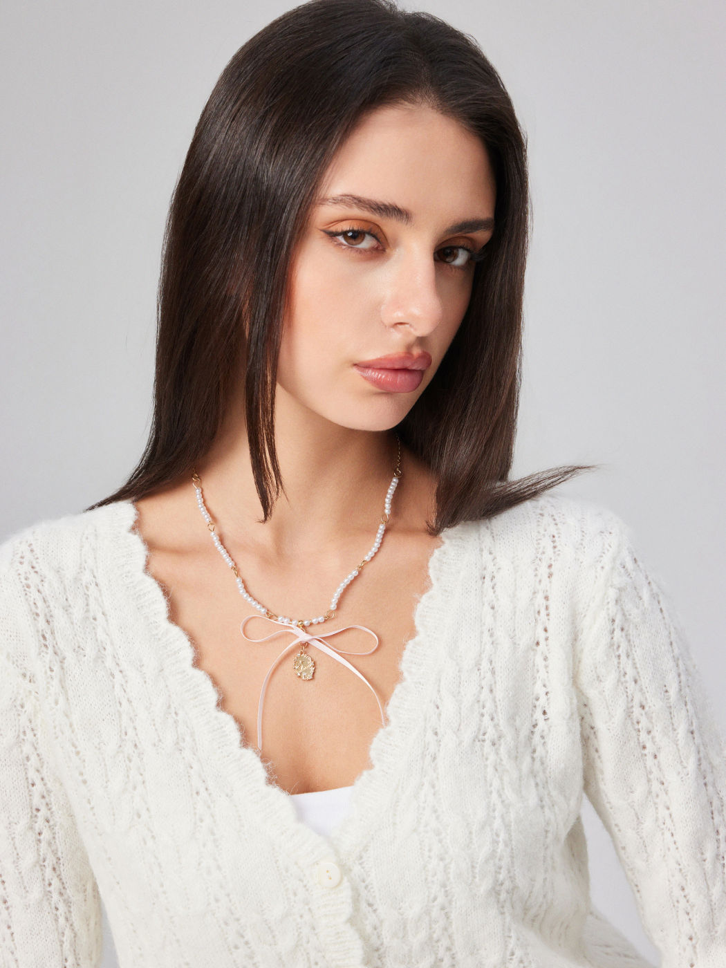 FLORAL COIN & BOWKNOT & FAUX PEARL PENDANT NECKLACE