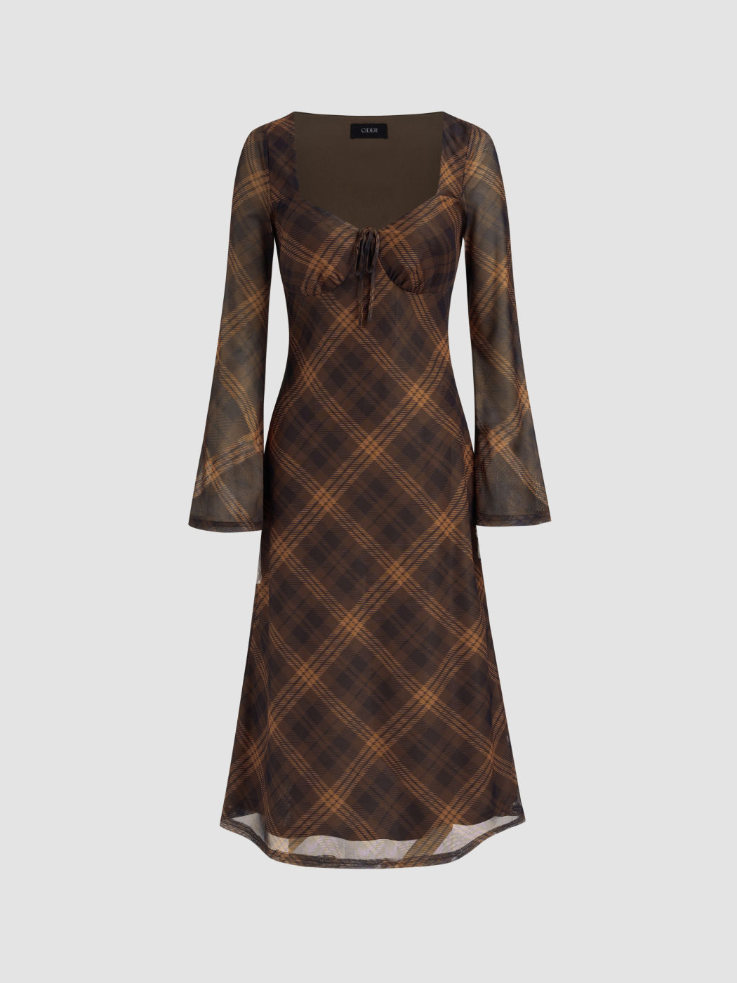 Mesh V-neck Checks Knotted Maxi Dress