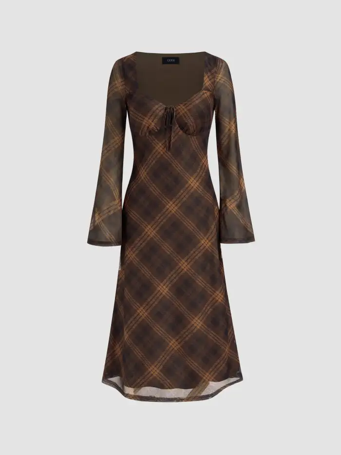 fitted lace wedding dress ASOS DESIGN shirred long sleeve mini dress in brown gingham – ASOS Sample  Sale main image 0