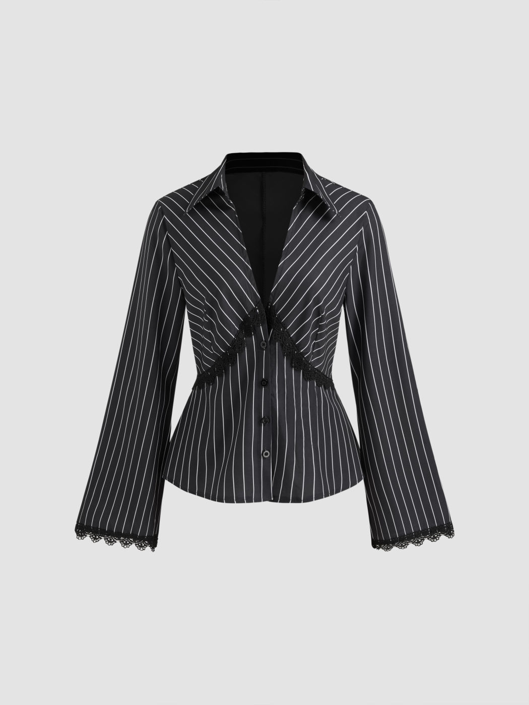 Collar Striped Lace Trim Button Long Sleeve Shirt