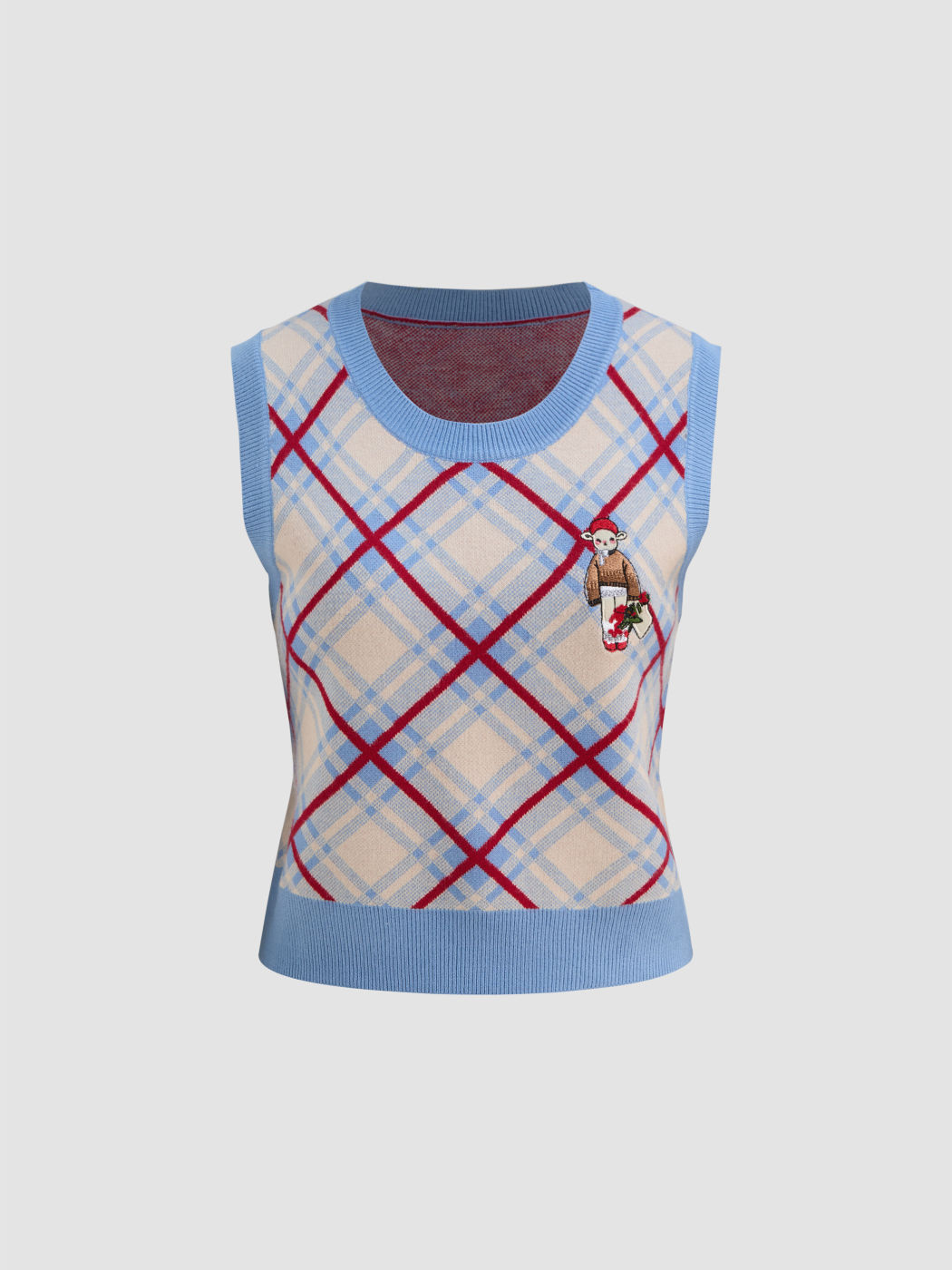 Knitted Round Neckline Checks Sheep Vest