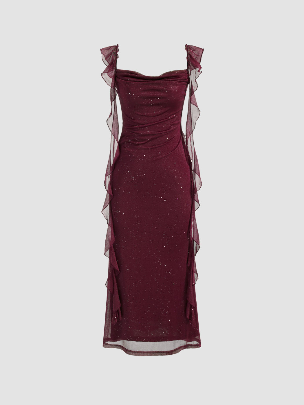 Maxikleid mit Rundhalsausschnitt, einfarbigem Glitzerstoff und Spitzenrand
