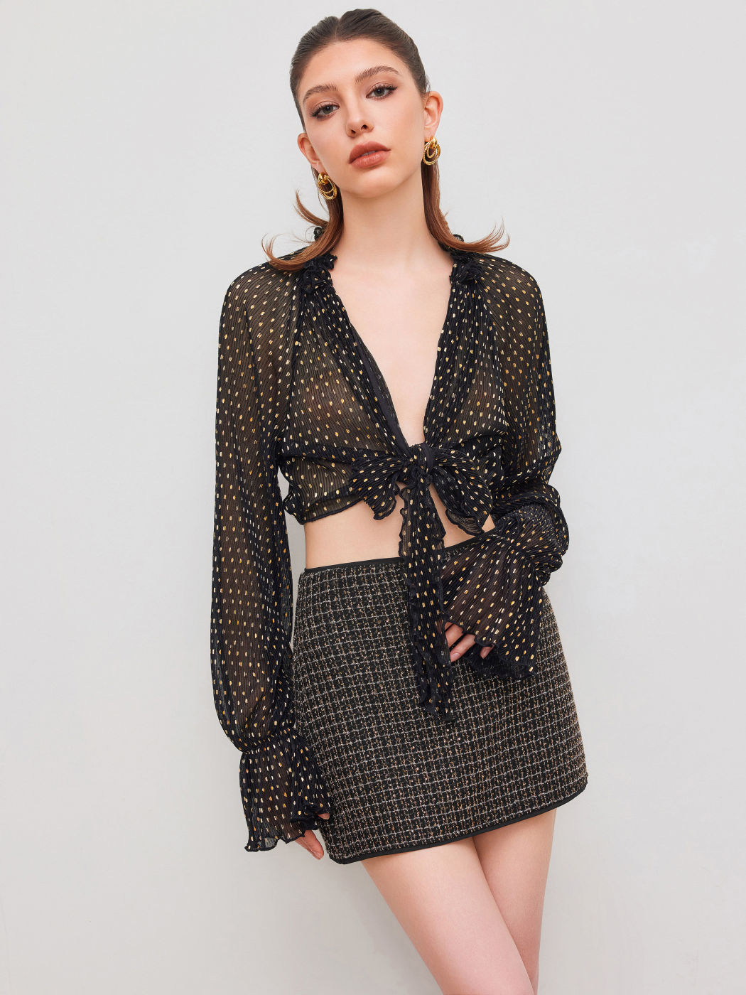 Chiffon V-neck Polka Dot Ruffle See-through Long Sleeve Crop Blouse