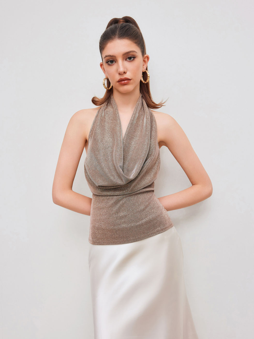 Metallic Halter Neckline Ruched Tank Top