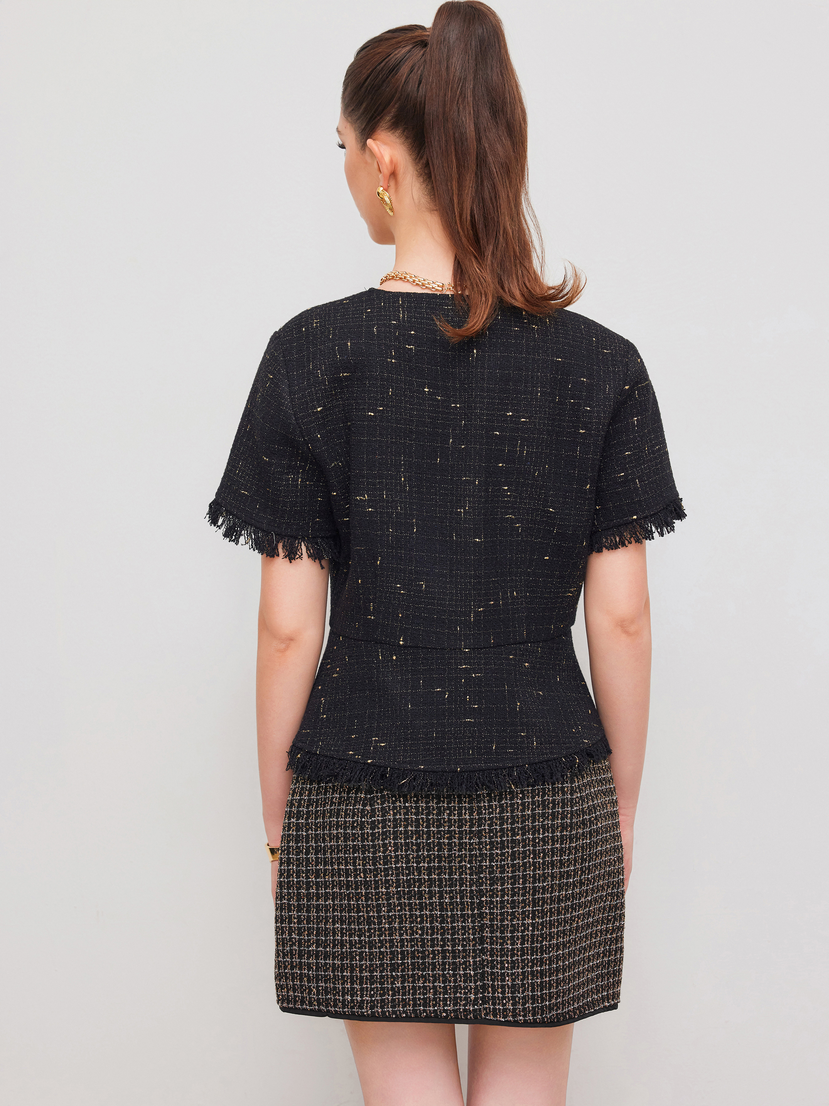 Tweed Tweed V-neck Solid Fringe Short Sleeve Jacket For Work