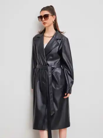 Faux Leather Collar Solid Pocket Oversized Long Coat With Belt