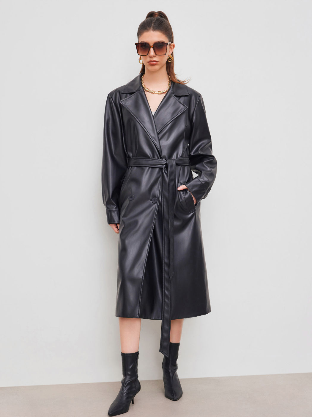 Faux Leather Collar Solid Pocket Oversized Long Coat With Belt