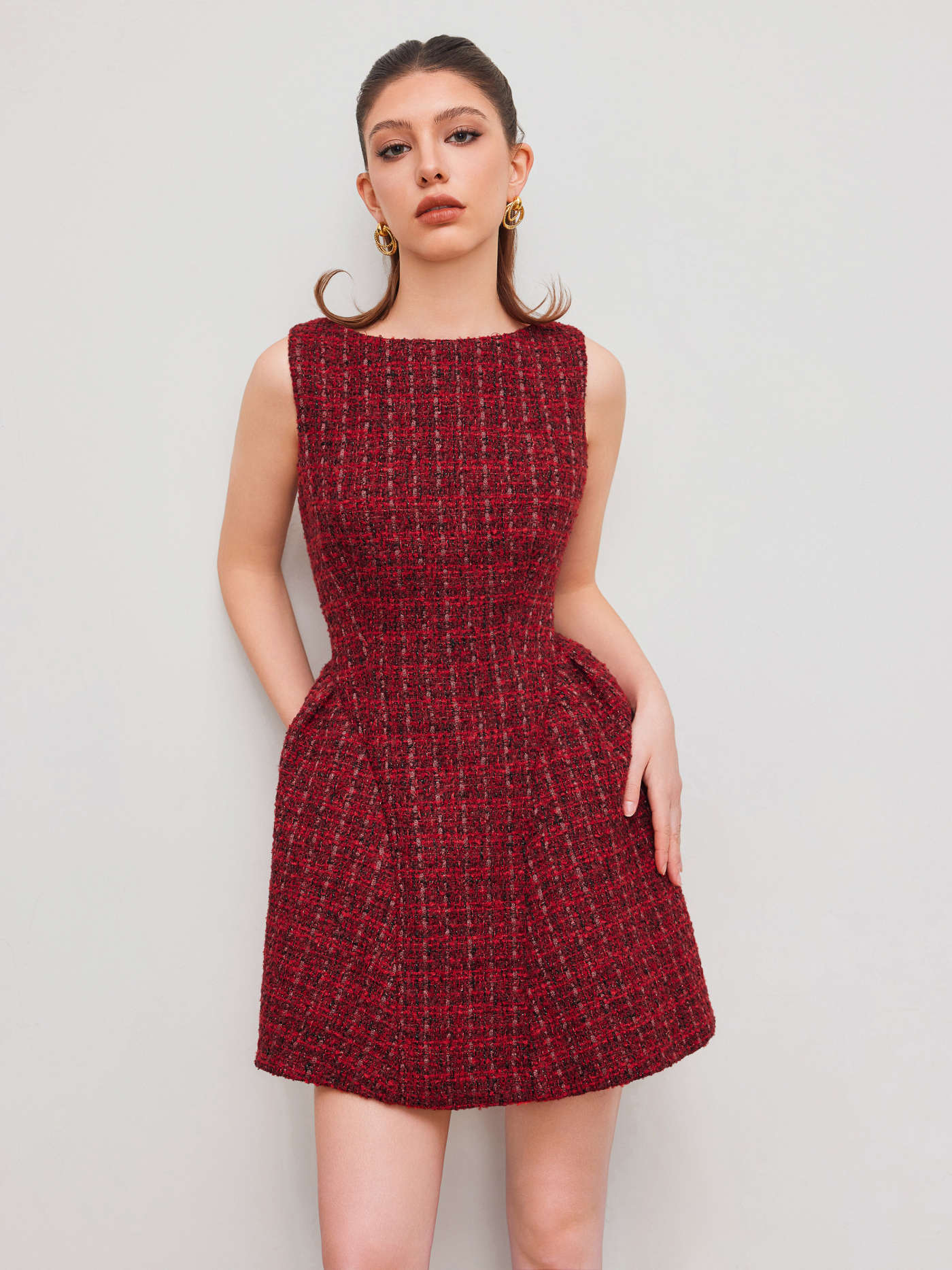 Tweed Boat Neck Zipper Ruffle Mini Dress