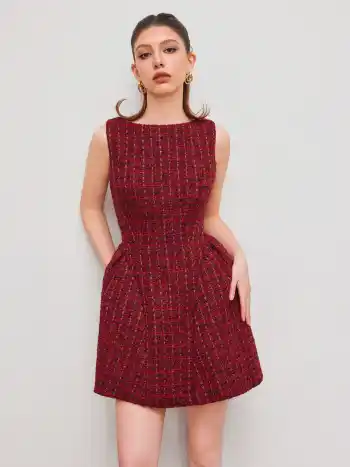 Vestido Mini de Tweed con Cuello Barco y Cremallera