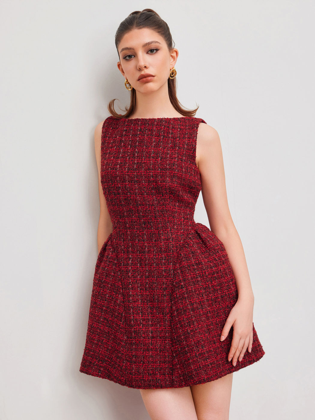 Tweed Boat Neck Zipper Ruffle Mini Dress