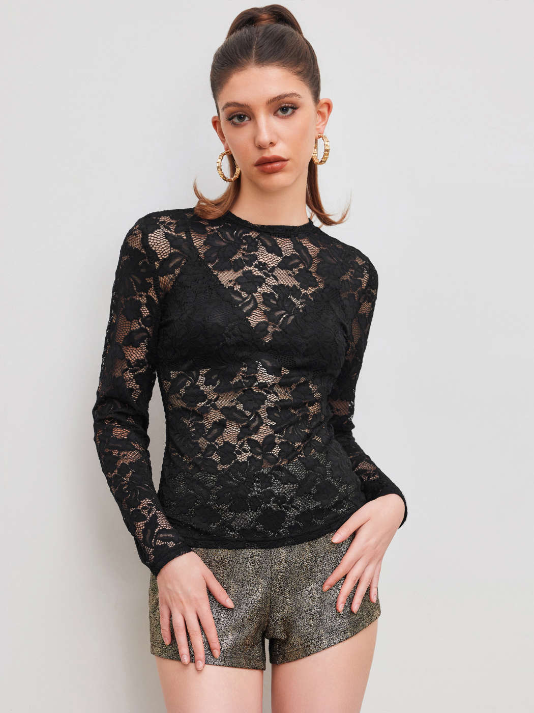 Encaje Camiseta de encaje con cuello redondo y manga larga