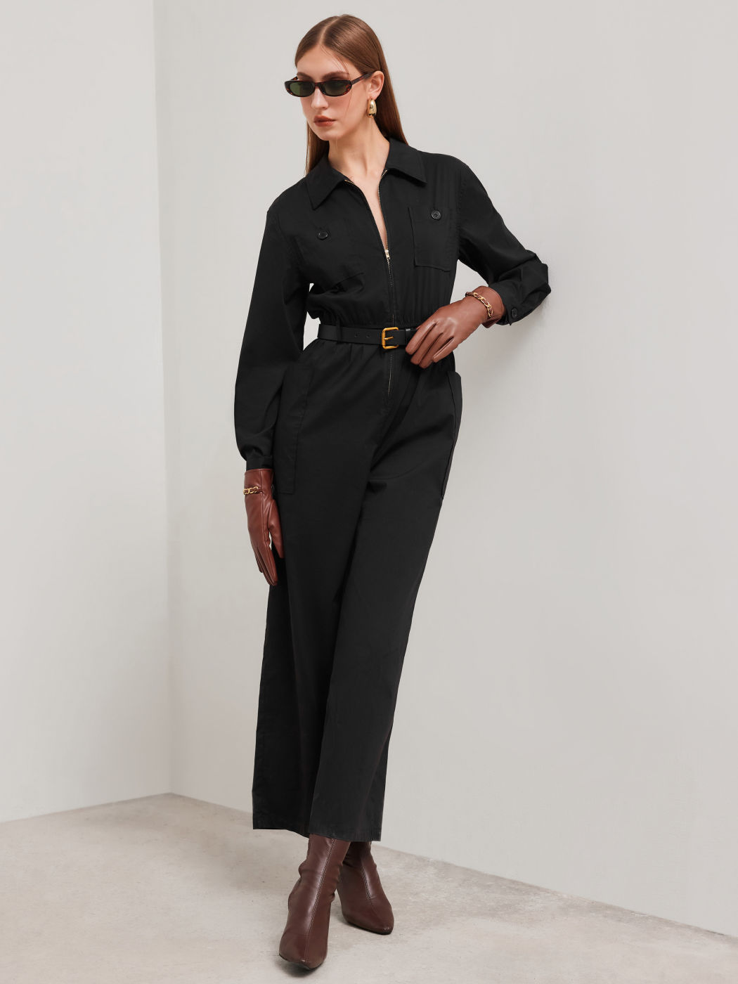 Cotton-blend Collar Solid Zipper Pocket Wide Leg Jumpsuit With Belt