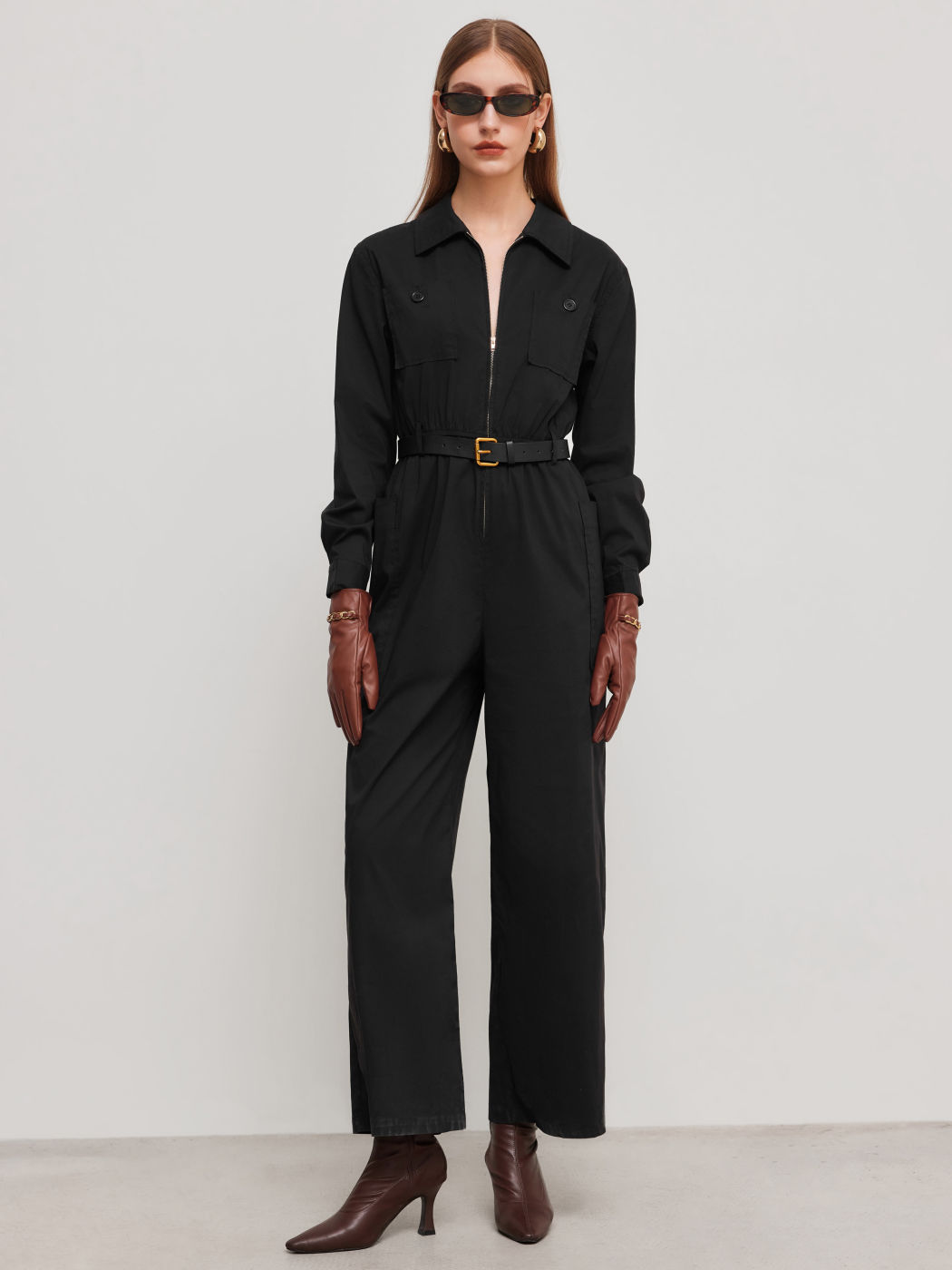 Cotton-blend Collar Solid Zipper Pocket Wide Leg Jumpsuit With Belt