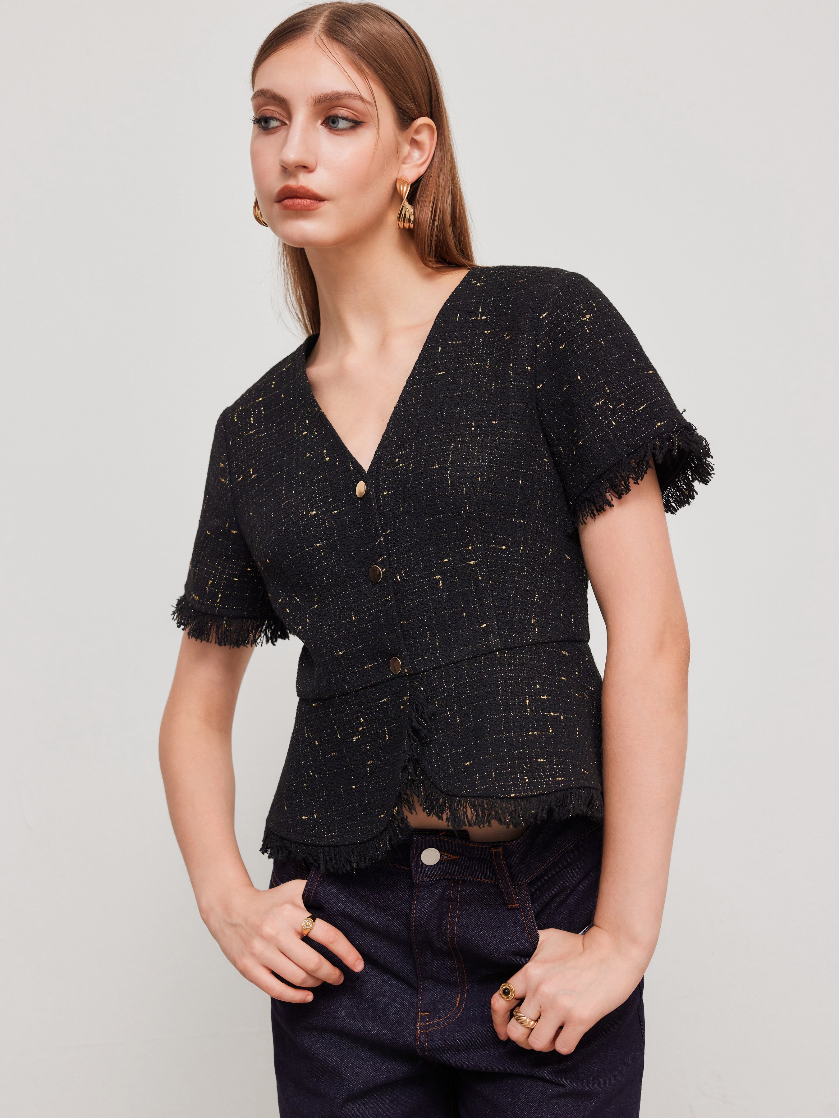 ジャケット・アウター Acka fringe tweed short jacket Tweed Tweed V-neck Solid Fringe Short Sleeve Jacket For Work