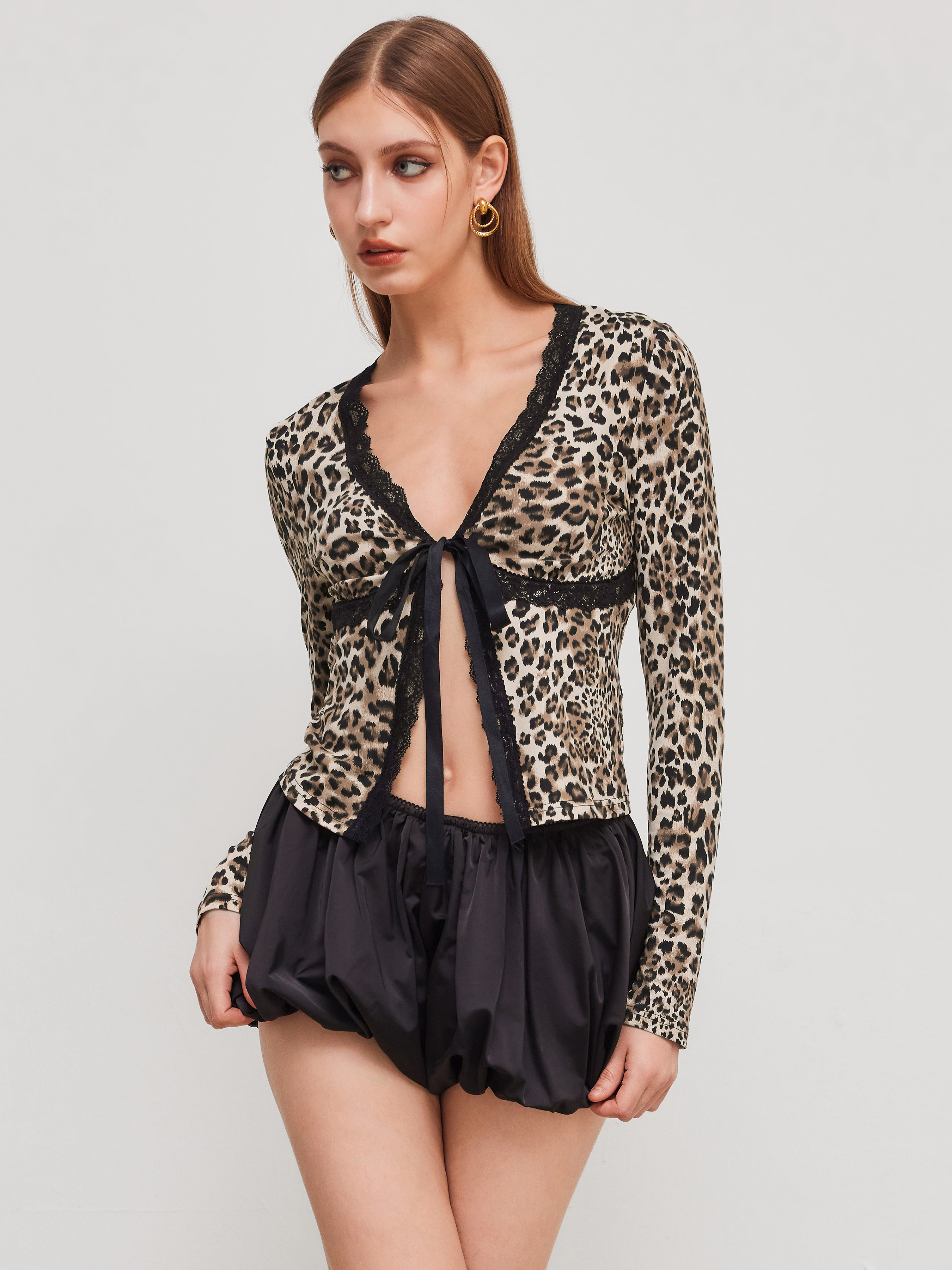 City Chic Knit Fabric V-neck Leopard Lace Long Sleeve Top