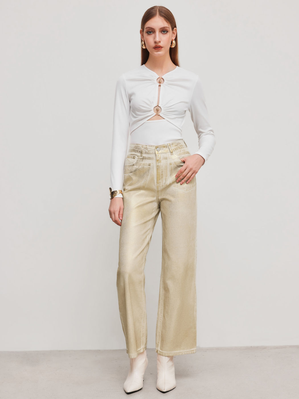 Round Neckline Solid Cut Out Ruched Pierced Long Sleeve Top