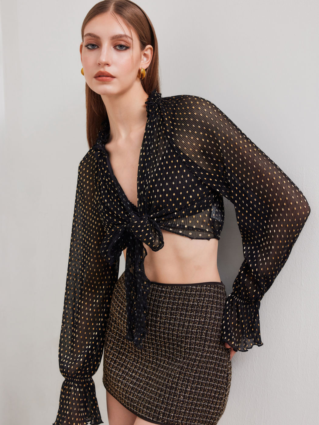 Chiffon V-neck Polka Dot Ruffle See-through Long Sleeve Crop Blouse