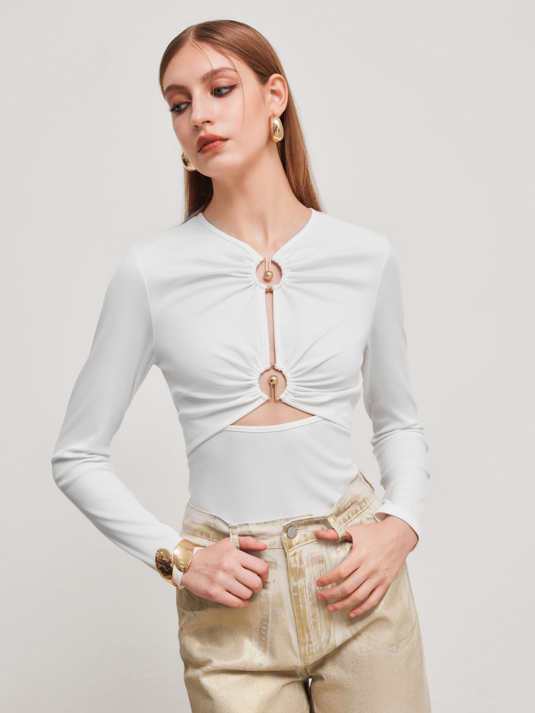 Round Neckline Solid Cut Out Ruched Pierced Long Sleeve Top