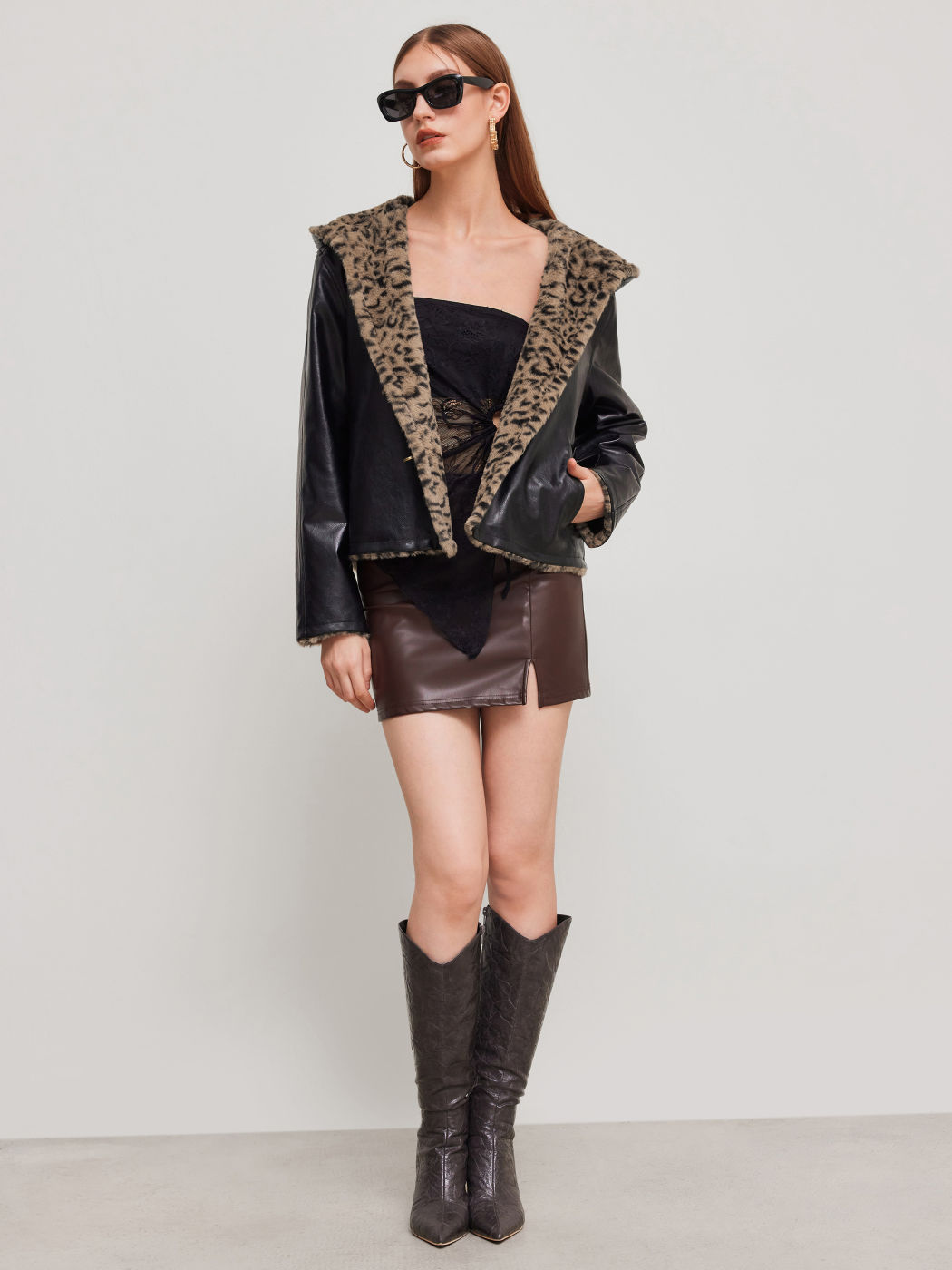 Faux Shearling Hooded Jacket With Leopard Lining