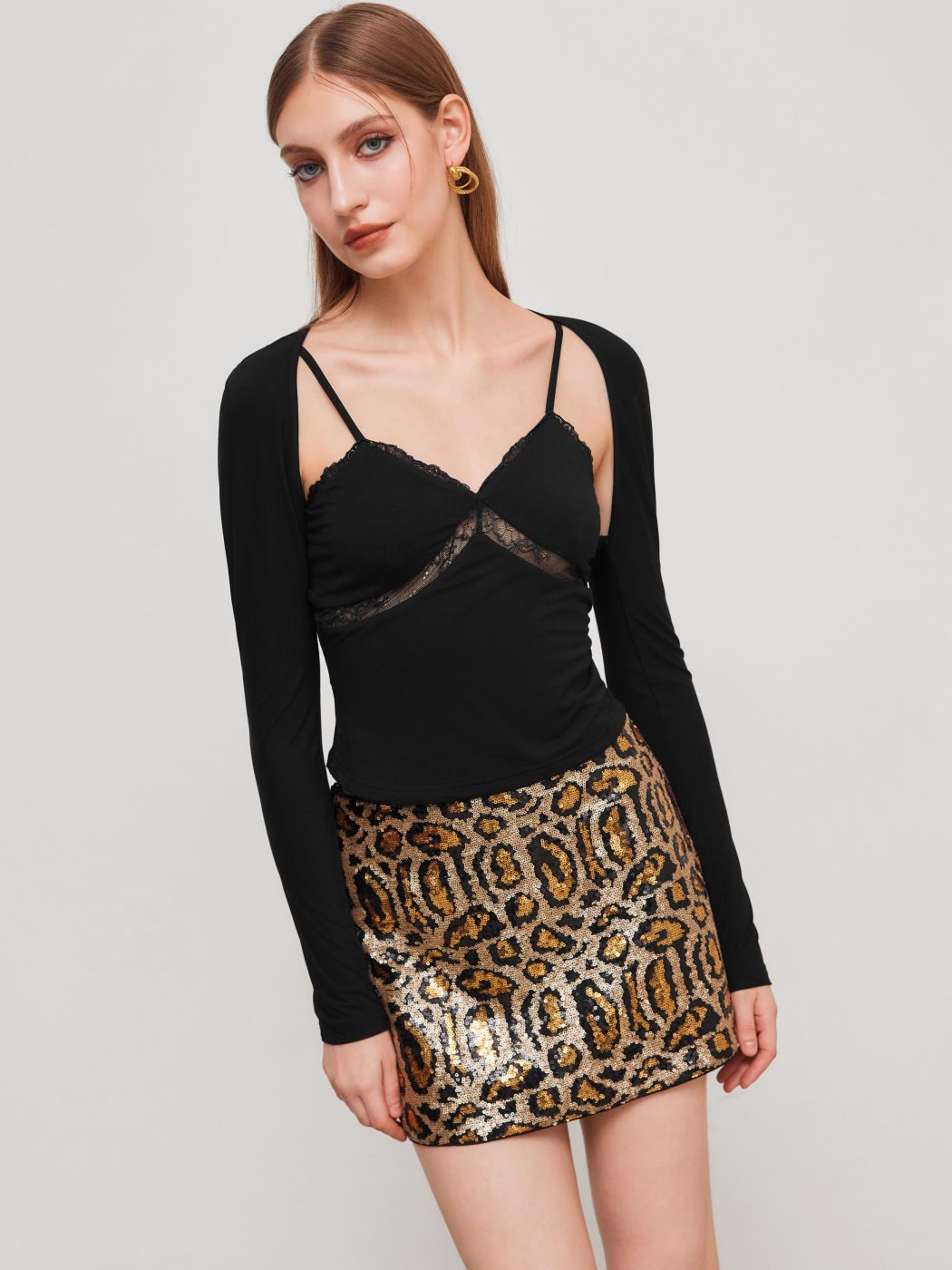 V-neck Lace Cami Top & Solid Long Sleeve Crop Shrug Set