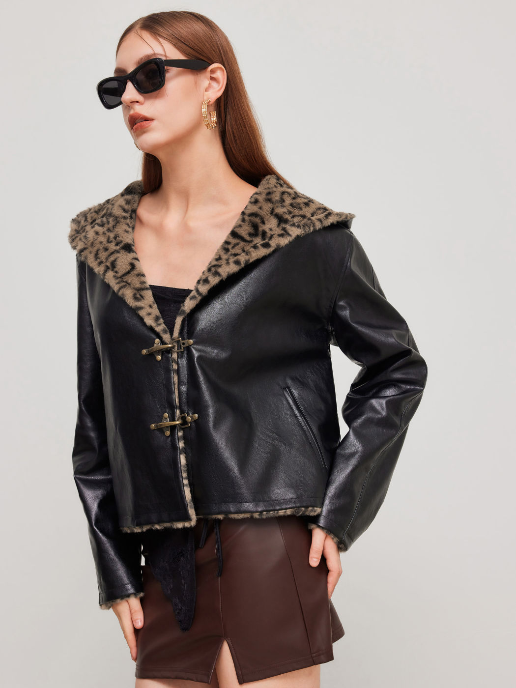 Faux Shearling Hooded Jacket With Leopard Lining